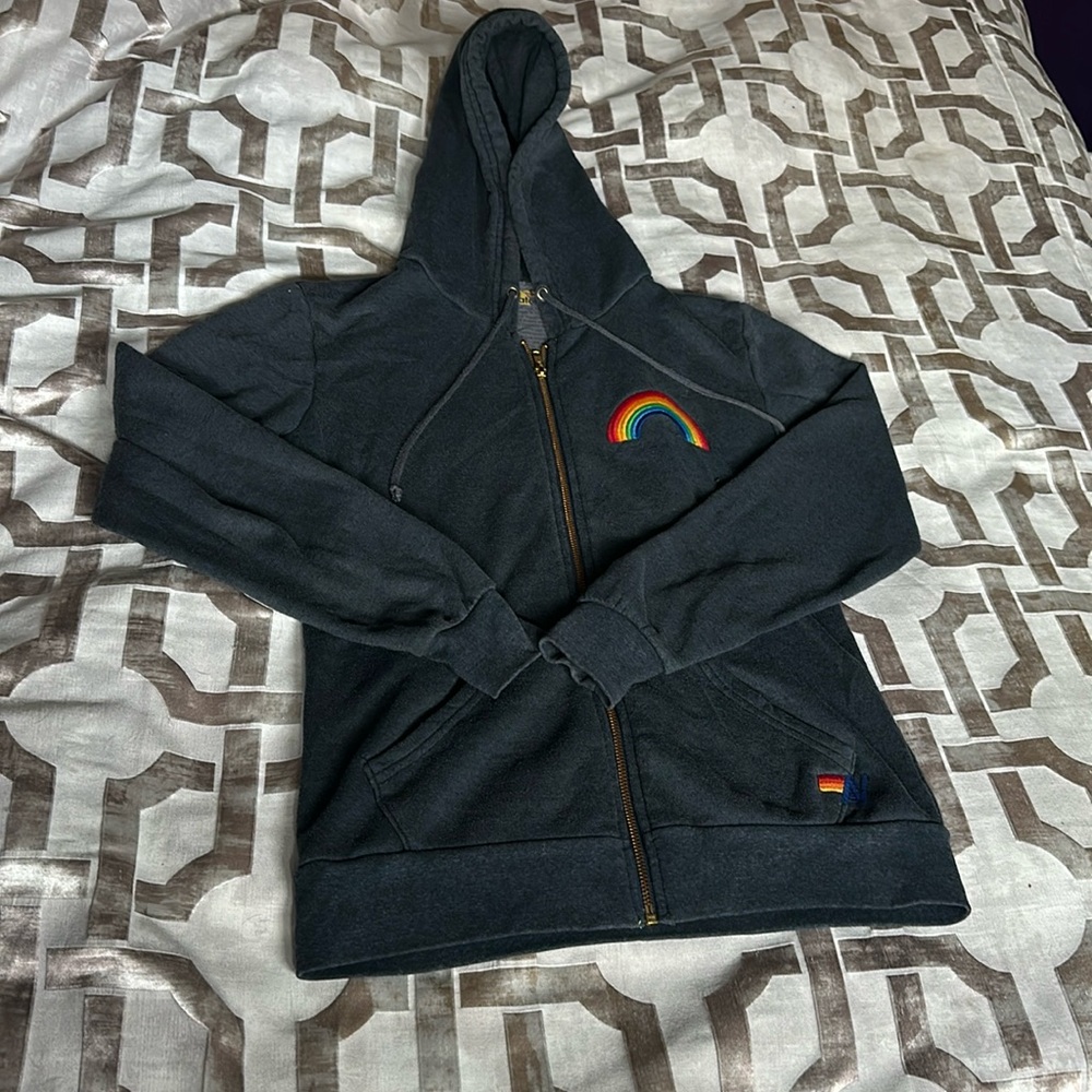 Aviator Nation Charcoal 🌈 Rainbow 🌈 Embroidered Zip Hoodie S - RARE